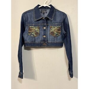 Clash Jeans CLASH Vintage Y2K Blue Denim Green Brown Camo Rhinestone Cropped Jea